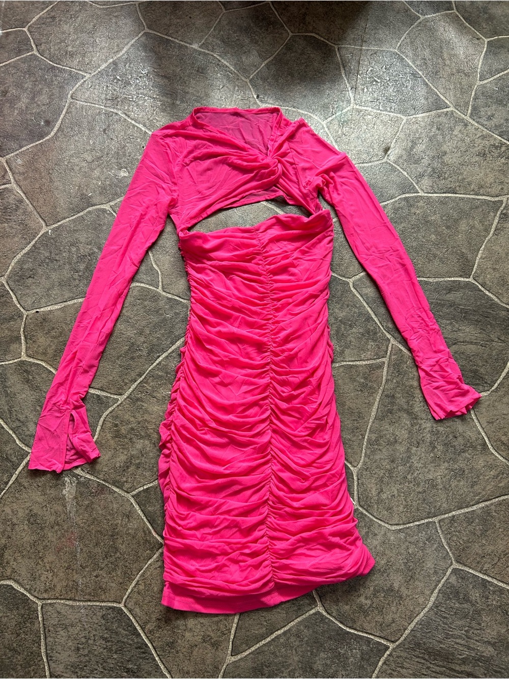 Ruched Hot Pink Long-Sleeve Dress